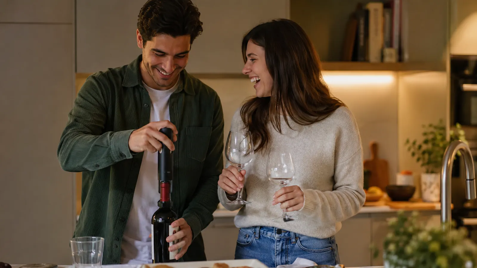 A young couple laughing while opening a bottle of wine with a cordless electric opener at their own kitchen counter