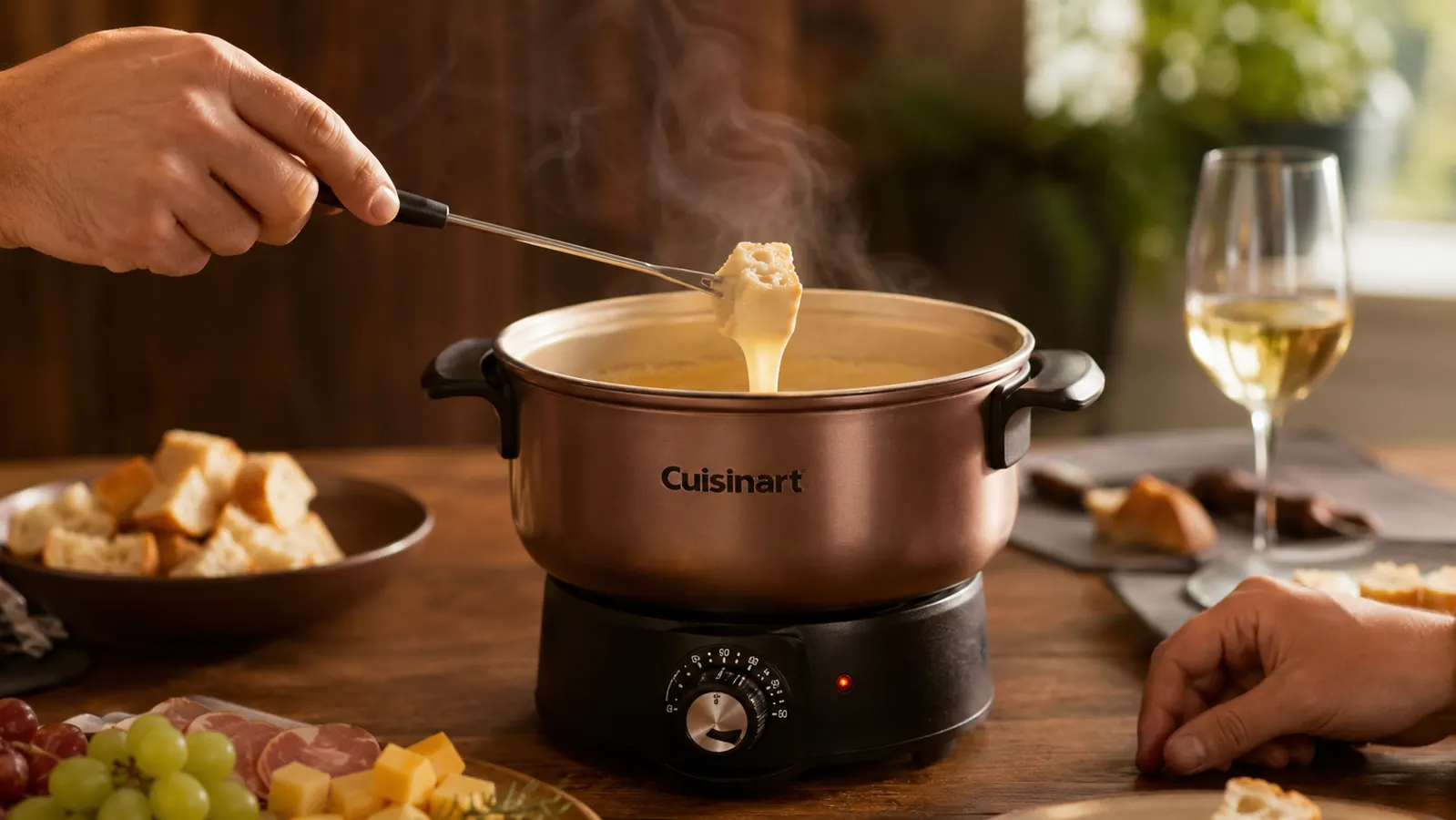 A hand dipping a cube of bread into melted cheese fondue in a stainless fondue pot