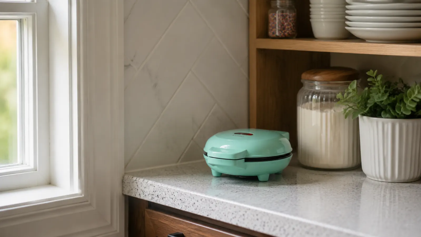 A tidy countertop with a compact mini donut maker stored next to a small kitchen appliance shelf