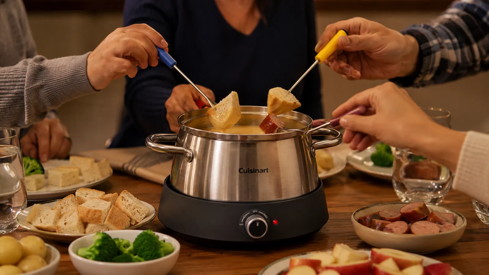 Cuisinart stainless steel electric fondue pot set on a dinner table with color-coded forks, family hands reaching in to dip