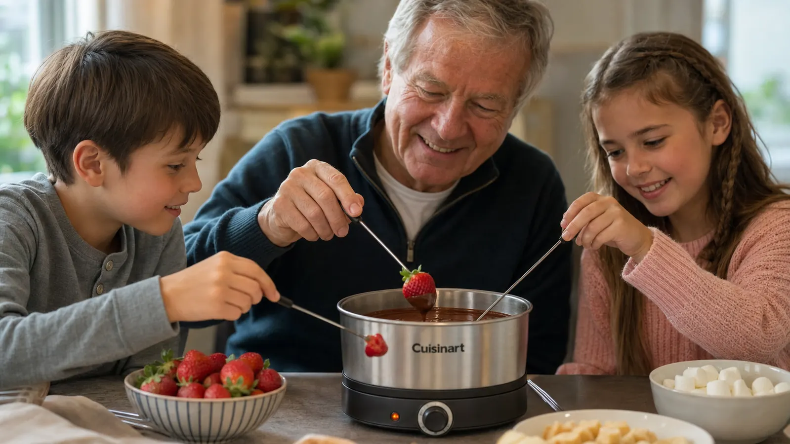 Grandfather and two grandchildren sitting close to an electric fondue pot, carefully dipping strawberries into melted chocolate