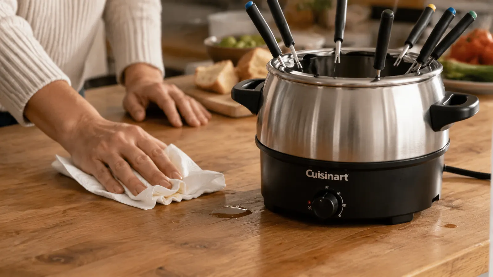 Hand wiping oil splatter off the counter next to the Cuisinart fondue pot after frying