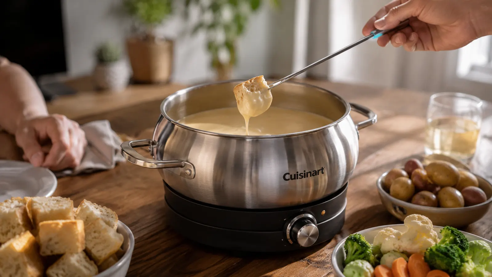 Hand dipping a fork into melted cheese fondue in the Cuisinart pot