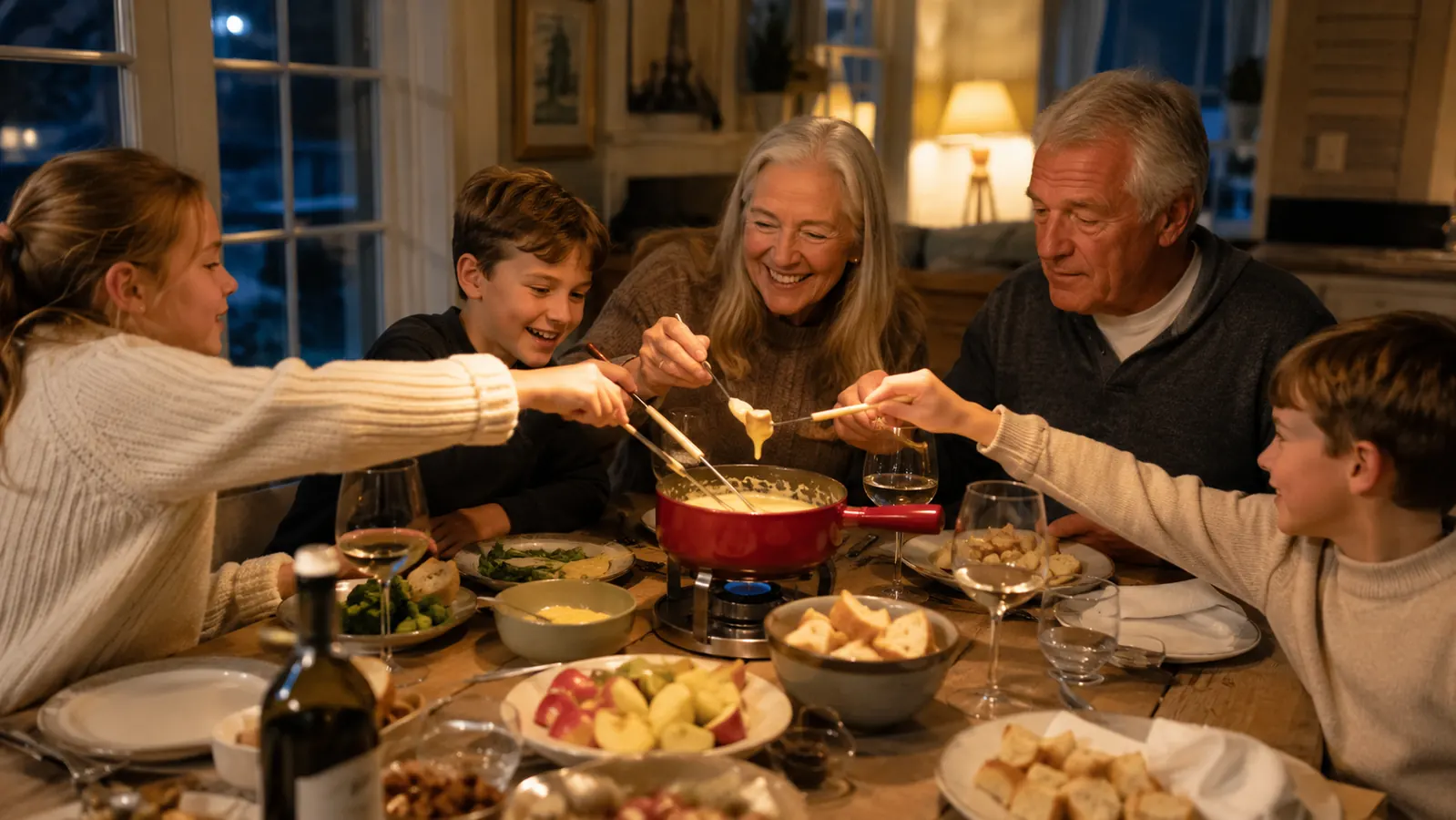 Multi-generational family gathered around the fondue pot on a Sunday evening