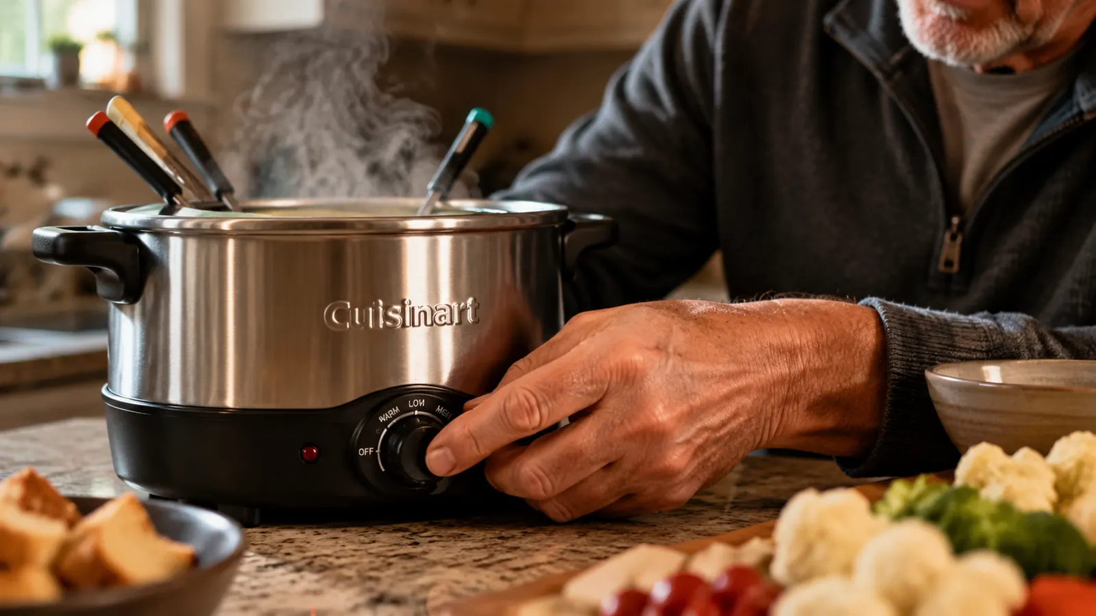 Hand adjusting the temperature dial on a stainless steel electric fondue pot