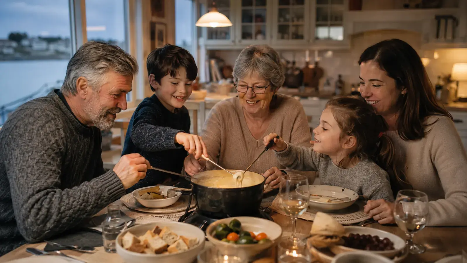 Family gathered around a fondue pot at the dinner table on a weekend evening