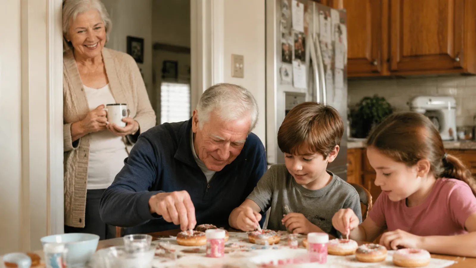 Older woman with a mug of coffee watching her husband and grandkids decorate mini donuts at the counter