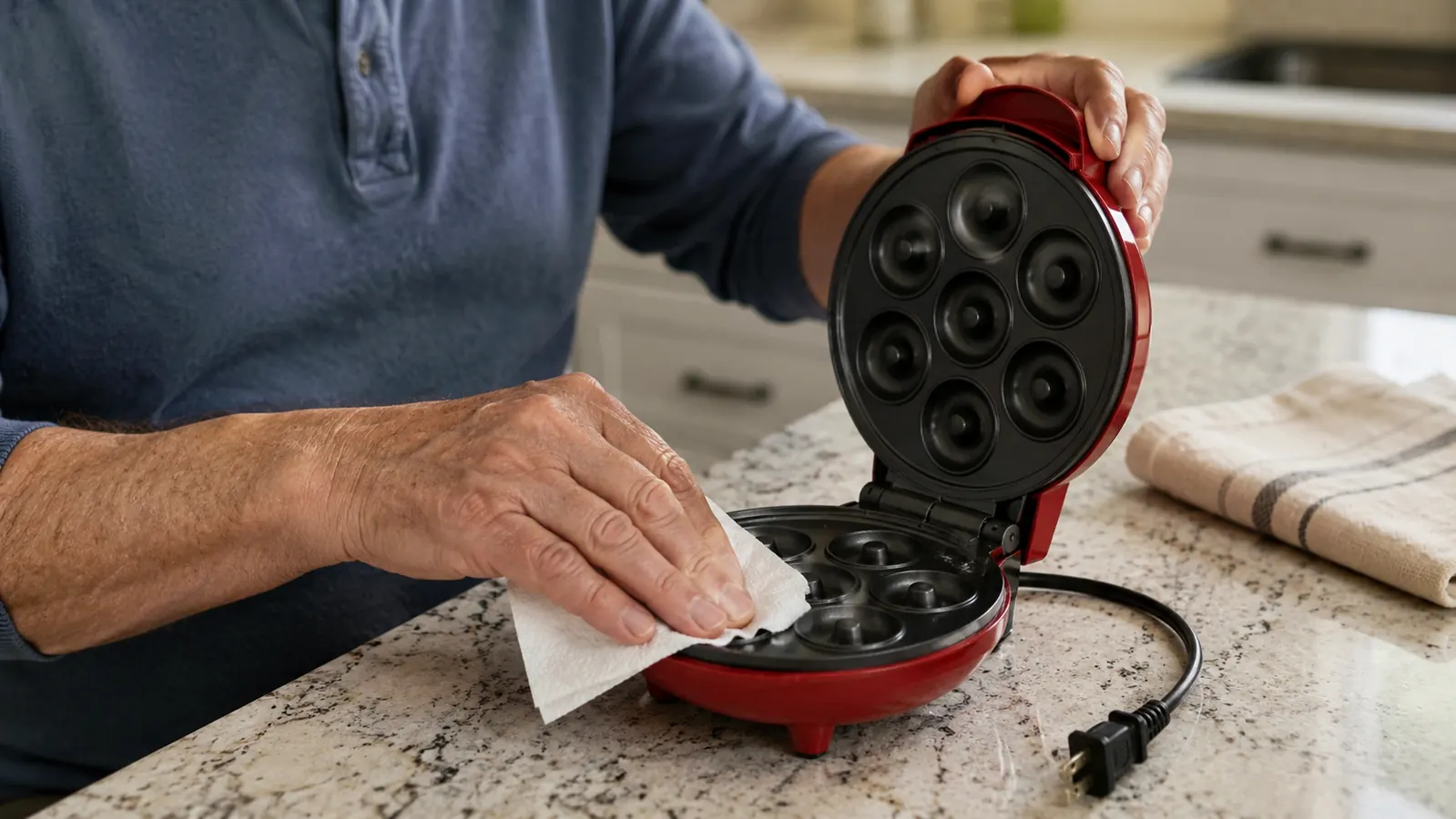 Older man's hands wiping down the plates of the Dash Express Mini Donut Maker with a paper towel
