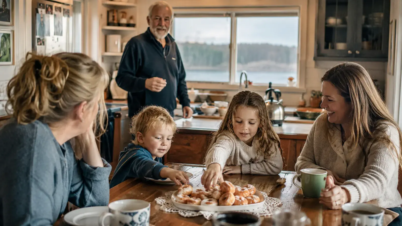 Grandkids sitting at a kitchen table eating warm mini donuts on a Saturday morning