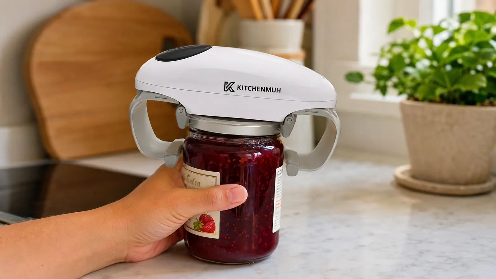 White electric jar opener sitting on a kitchen counter next to a jar of jam, hand about to place the jar underneath