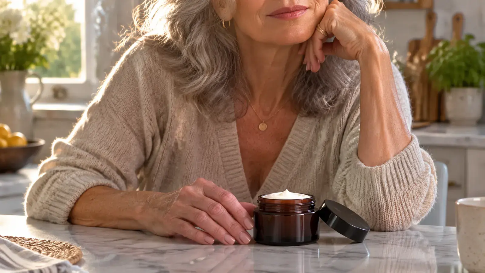 Close-up of hands with visible knuckle stiffness resting near an open jar, gentle and dignified framing, no medical equipment