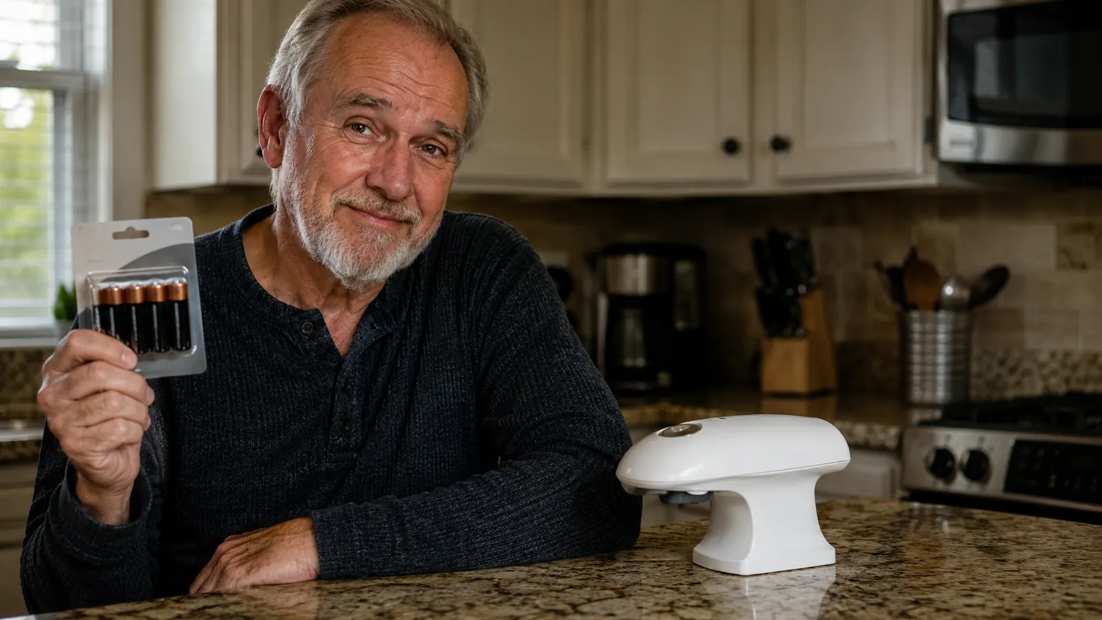 An older man holding a fresh pack of D batteries next to an electric jar opener on a kitchen counter