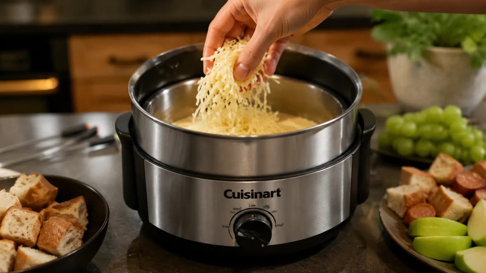 Hand pouring shredded cheese into the stainless steel bowl of the Cuisinart electric fondue pot before melting