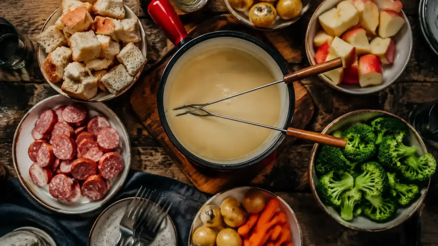 A wooden platter of fondue dippers including cubed bread, apple slices, sausage, and steamed vegetables arranged around the pot
