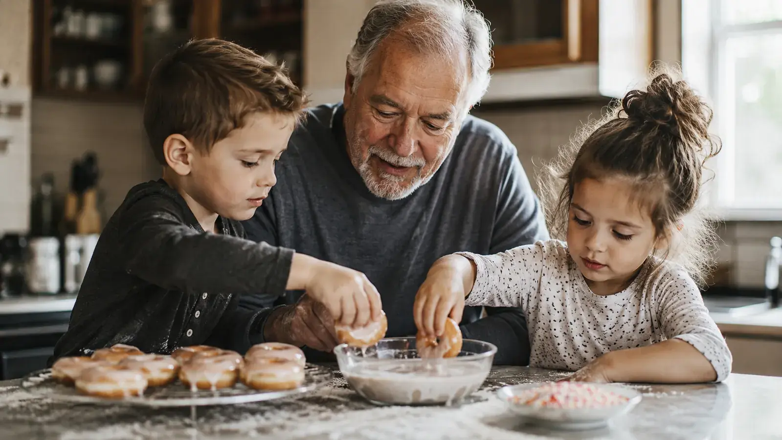 Grandfather and two grandchildren dipping mini donuts into glaze at the kitchen counter