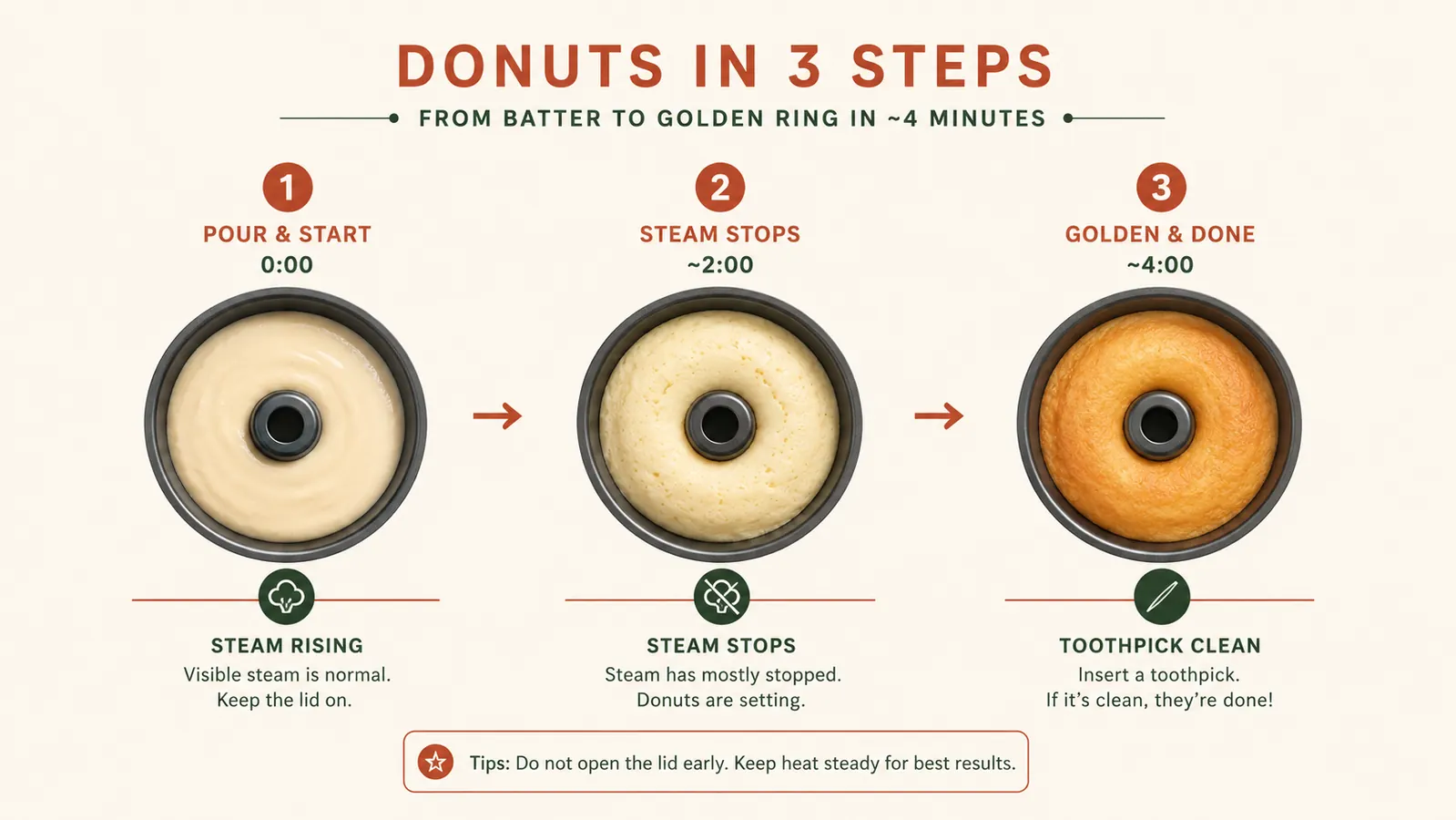 Chart comparing bake time and doneness signs for mini donuts at three heat stages
