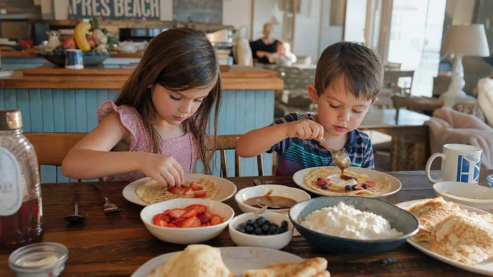 Grandkids at a kitchen table topping their own crepes with fruit, whipped cream, and syrup