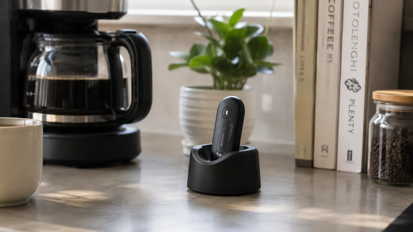 Electric jar opener charging on a small stand next to a coffee maker