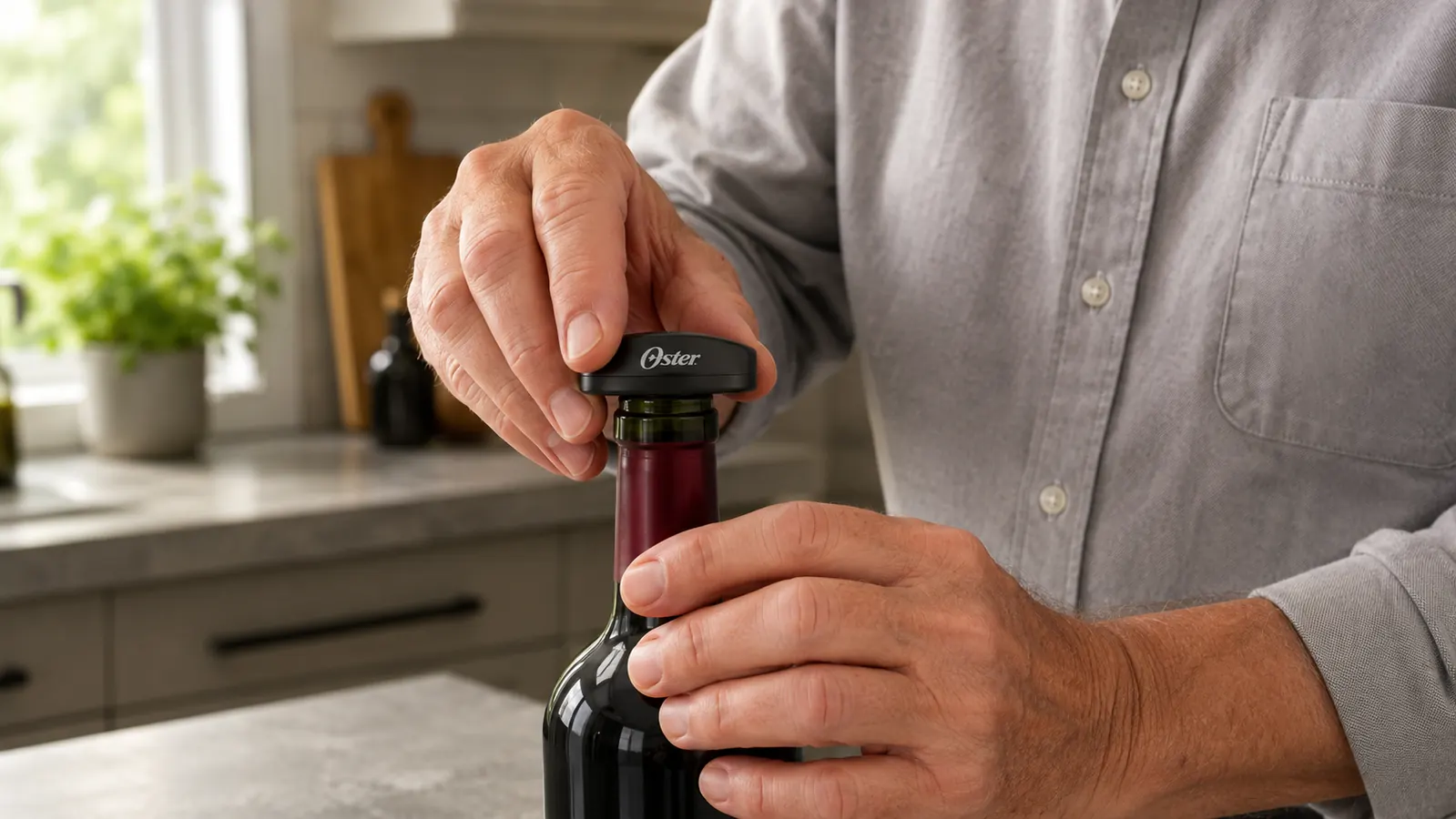 Hand snapping the foil cutter attachment onto the top of a wine bottle before opening it
