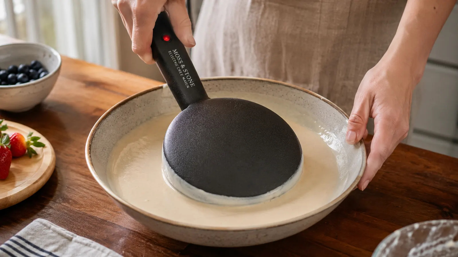 Hand dipping the round crepe maker plate into a shallow bowl of thin batter