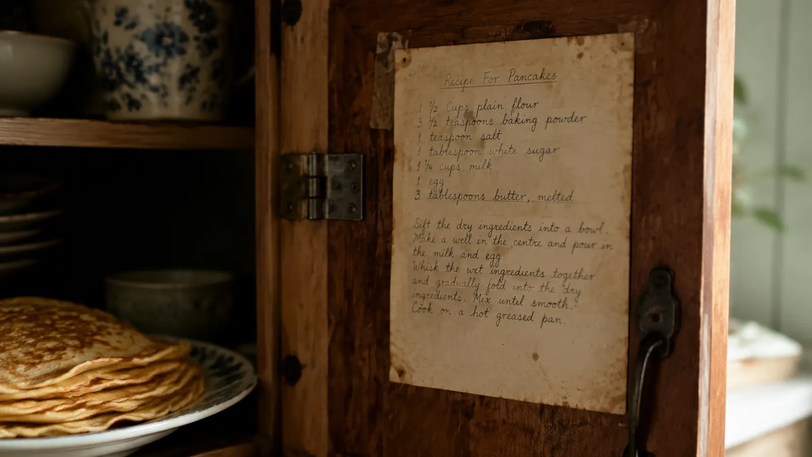 Weathered recipe index card taped inside a kitchen cabinet door next to a stack of finished crepes