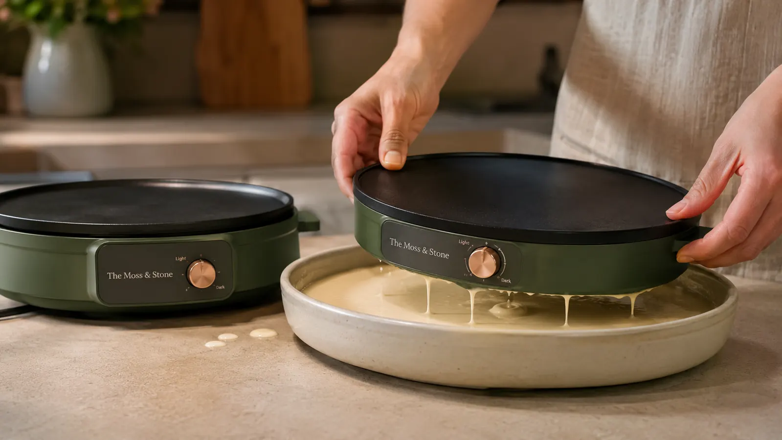 Hand dipping the crepe maker plate into a wide shallow bowl of thin batter with a few drips on the counter