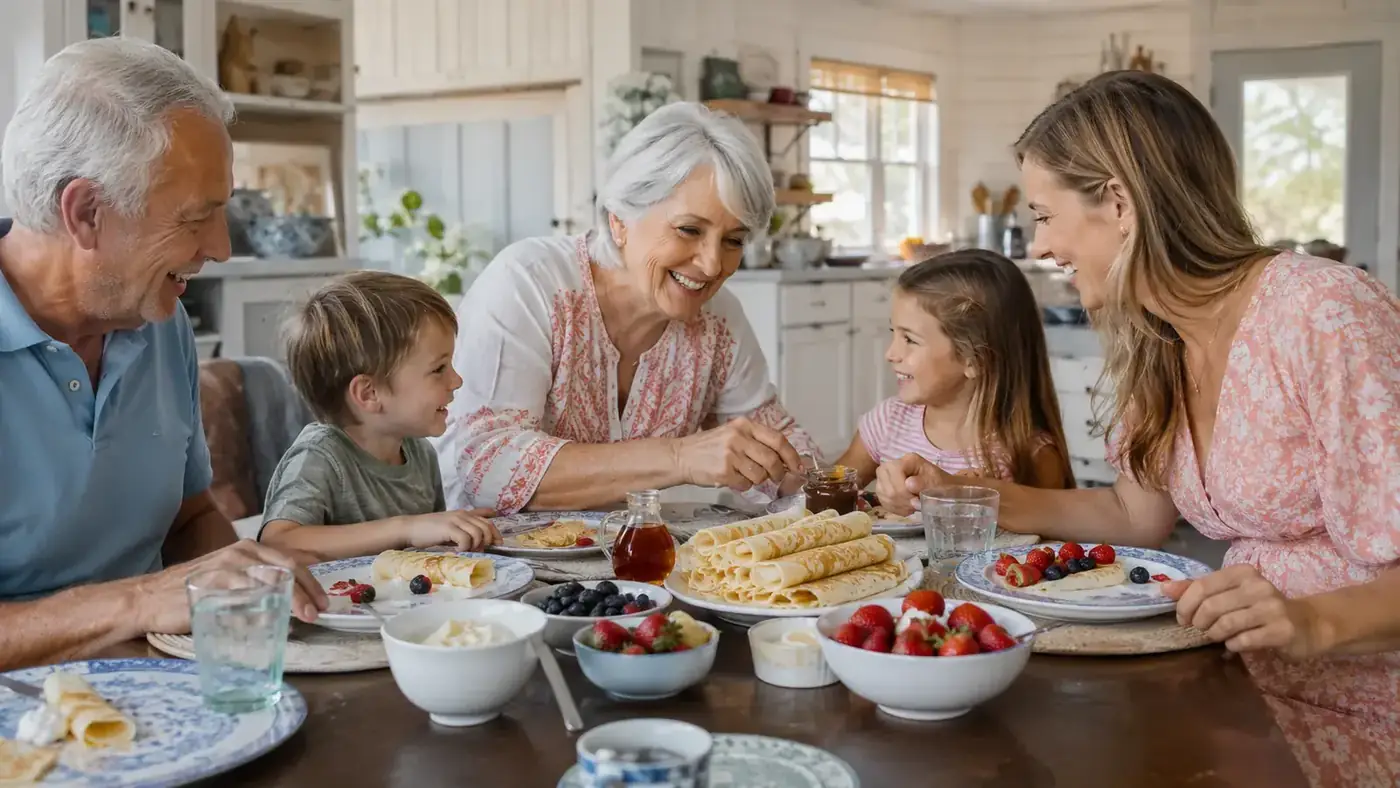 Grandkids sitting at a kitchen table with plates of rolled crepes and toppings