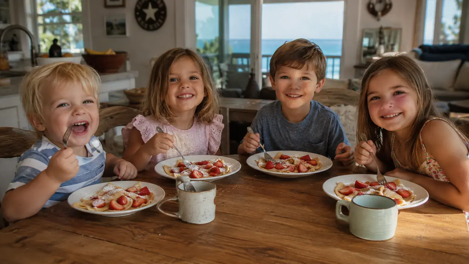 Grandkids eating fresh crepes topped with berries at a family breakfast table