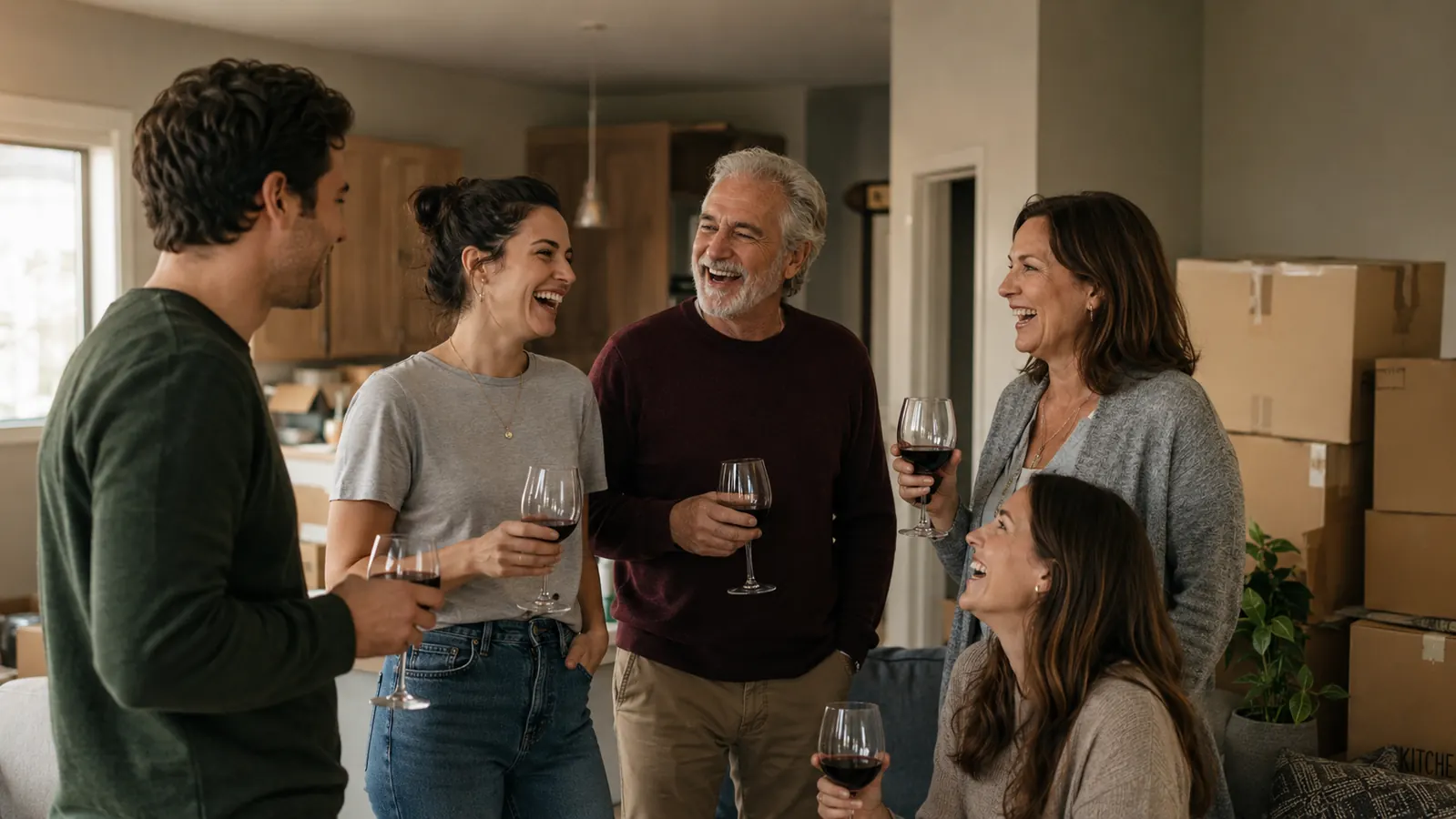 Small group of friends and family standing in a new living room holding wine glasses, laughing together