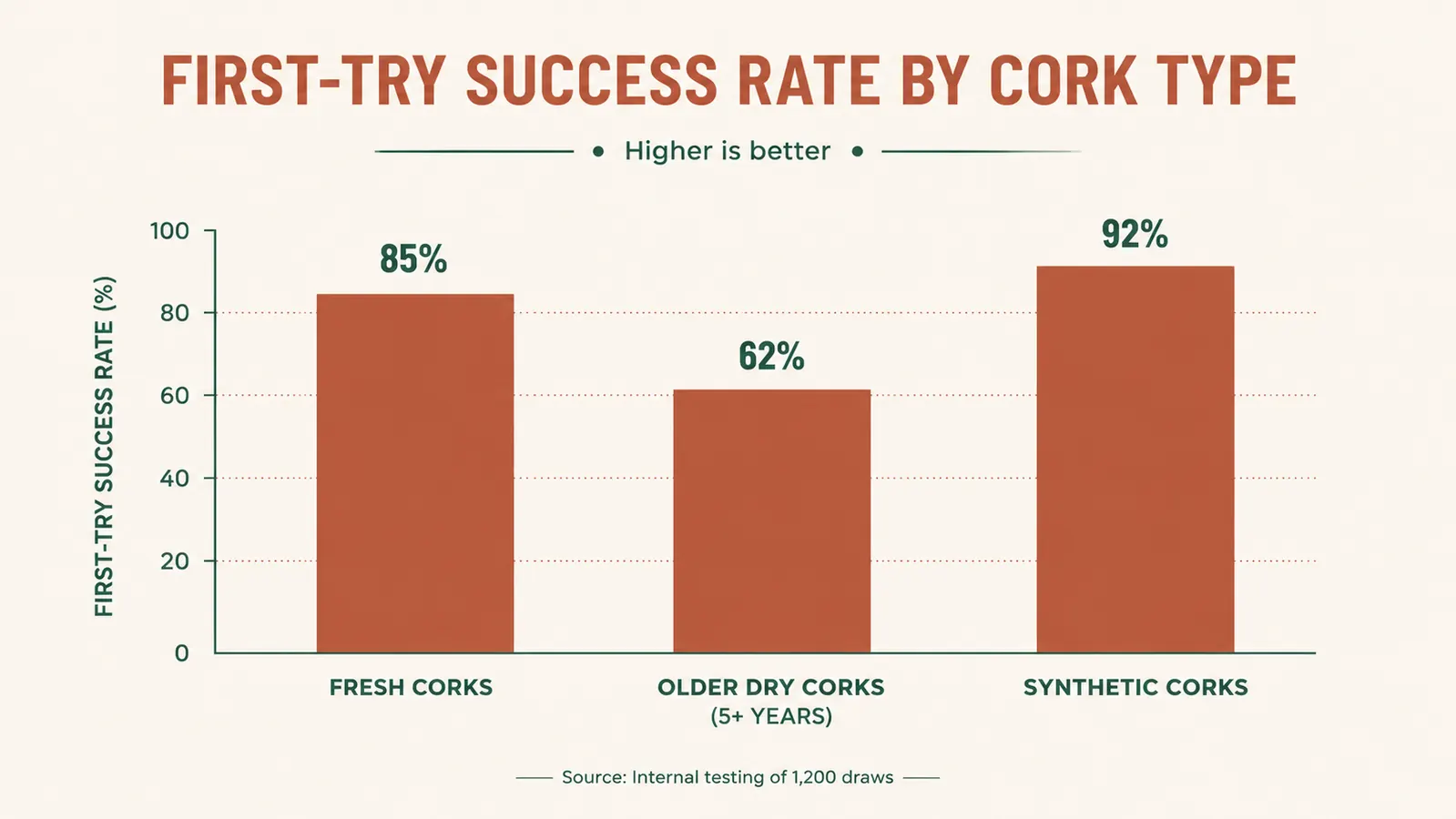 Chart comparing success rate of the Oster wine opener on fresh corks, older dry corks, and synthetic stoppers