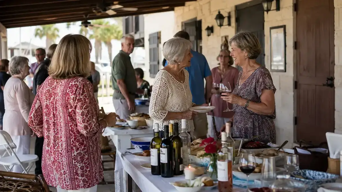 Group of neighbors at a church potluck table with wine bottles and glasses