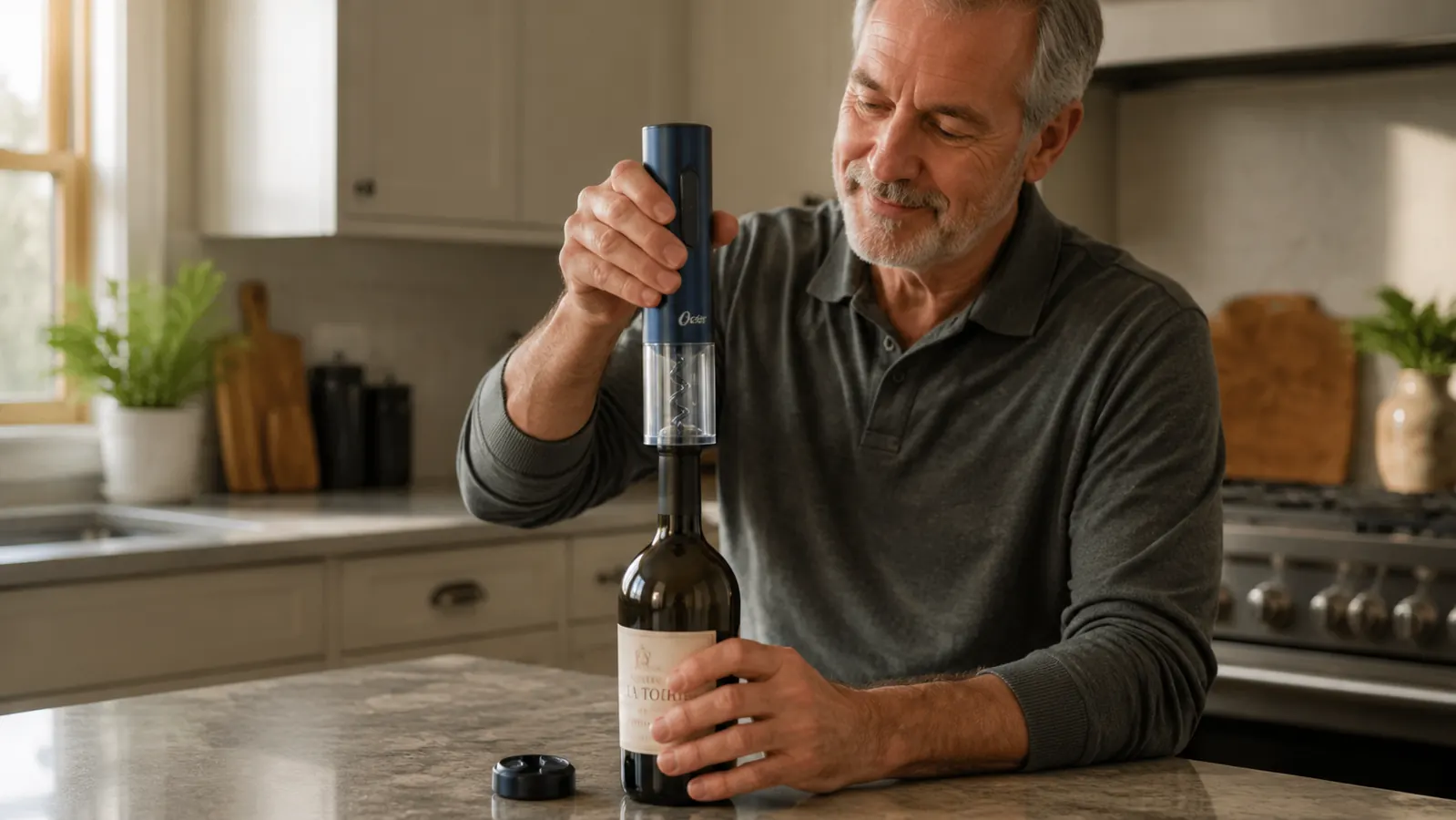 Hand holding the Oster electric wine opener over the top of a wine bottle with the foil cutter attachment visible